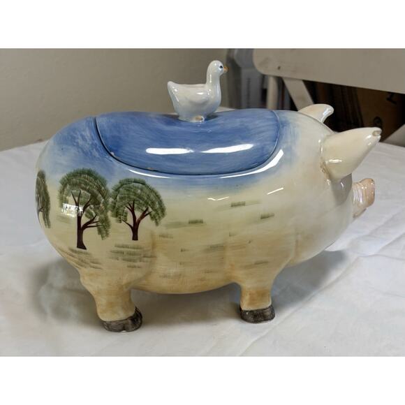 Ceramic Pig Cookie Jar Pumpkins, Farmhouse Scene Duck On Lid * Flaws - Picture 2 of 12